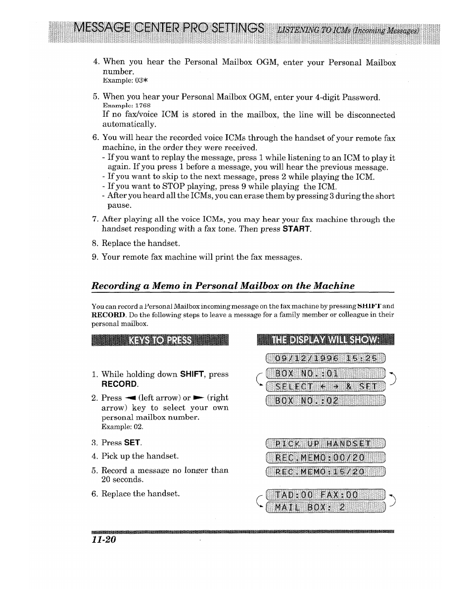 The display will show, Keys to press the display will show | Brother 875 MC User Manual | Page 144 / 166