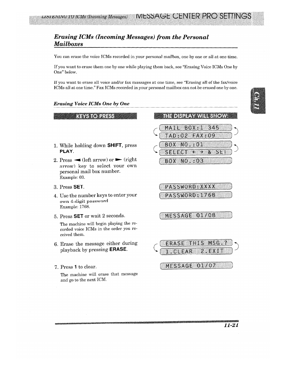 The display will show, Lairiilltigiigagiite, Keys to press the display will show | Brother 875 MC User Manual | Page 145 / 166