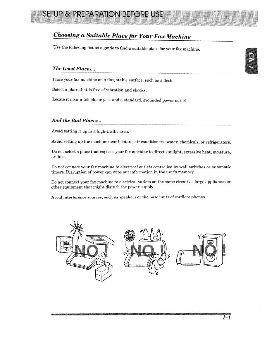 Choosing a suitable place for your fax machine, Choosing a suitable place for your fax machine -4, The good places | And the bad places | Brother 875 MC User Manual | Page 15 / 166