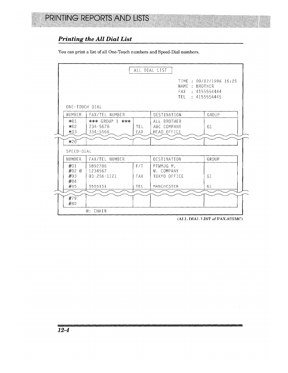 Printing the all dial list | Brother 875 MC User Manual | Page 150 / 166