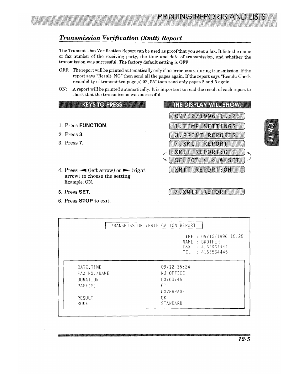 Transmission verification (xmit) report, Press function, Tikitfllijiftiimlbiisili | Brother 875 MC User Manual | Page 151 / 166