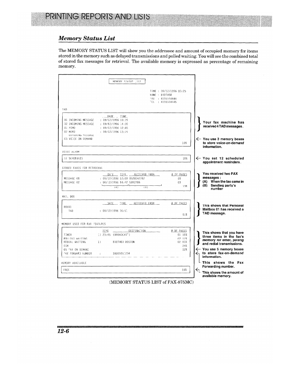 Memory status list | Brother 875 MC User Manual | Page 152 / 166
