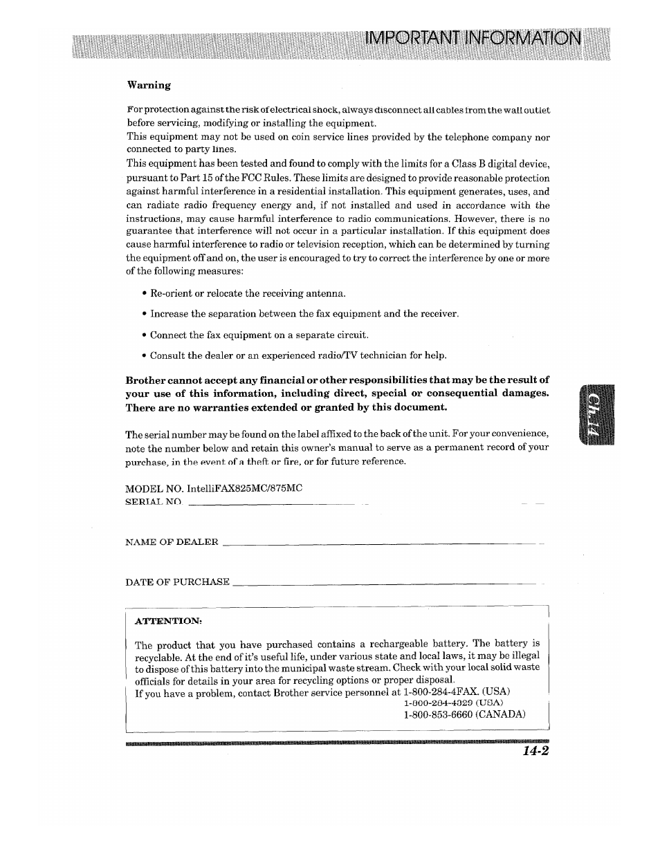 Important i | Brother 875 MC User Manual | Page 159 / 166