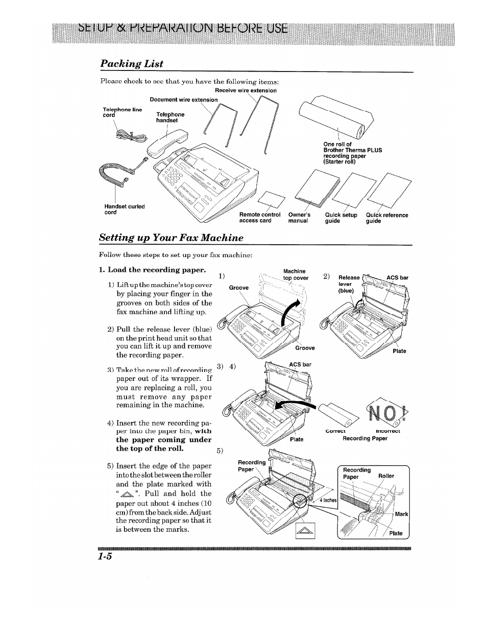 Packing list, Setting up your fax machine, Packing list -5 setting up your fax machine -5 | Brother 875 MC User Manual | Page 16 / 166