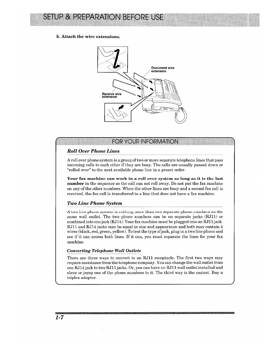 Setup & preparation before use, For your information, Roll over phone lines | Two line phone system | Brother 875 MC User Manual | Page 18 / 166