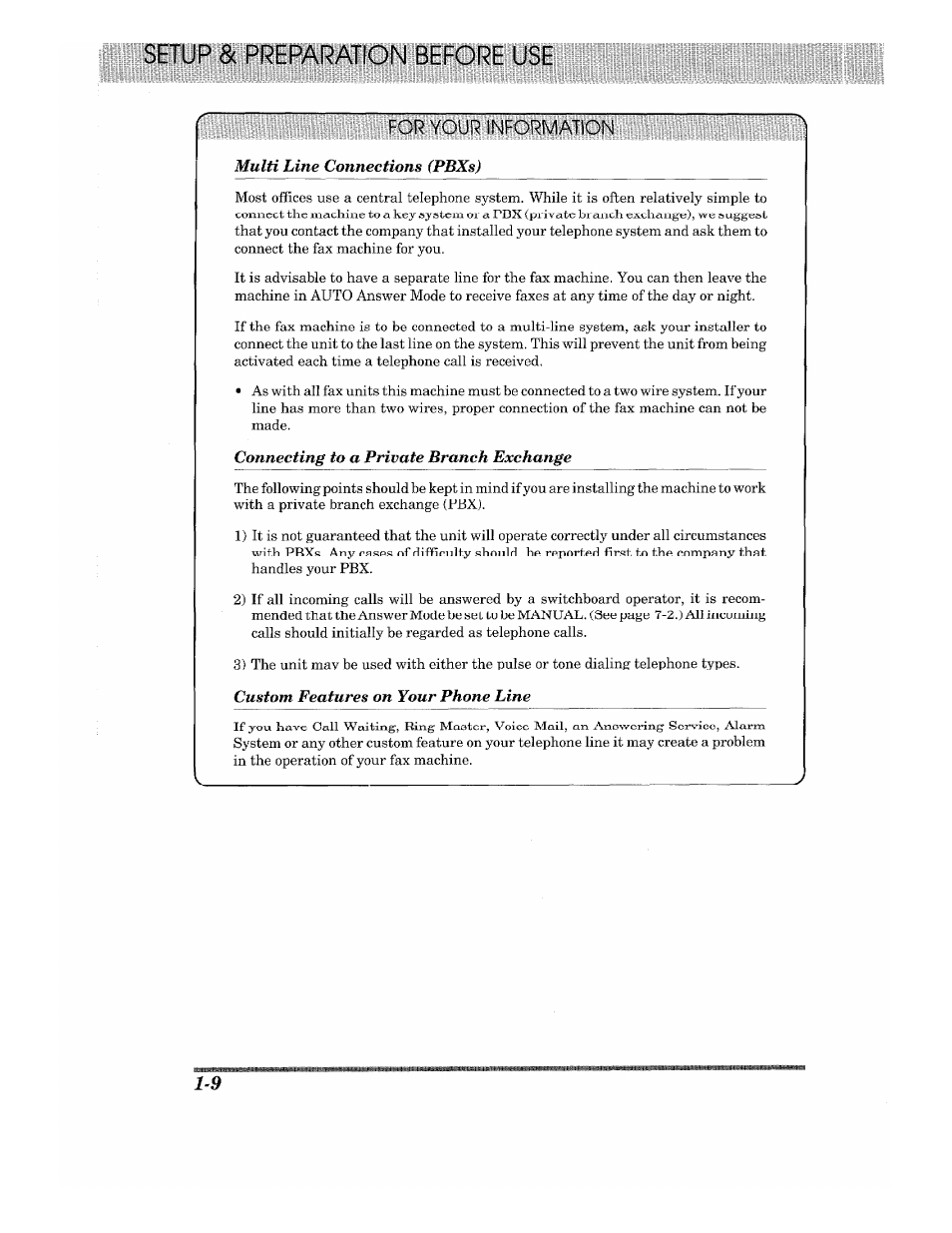 Iliiljiiljil, Multi line connections (pbxs), Connecting to a private branch exchange | Custom features on your phone line | Brother 875 MC User Manual | Page 20 / 166