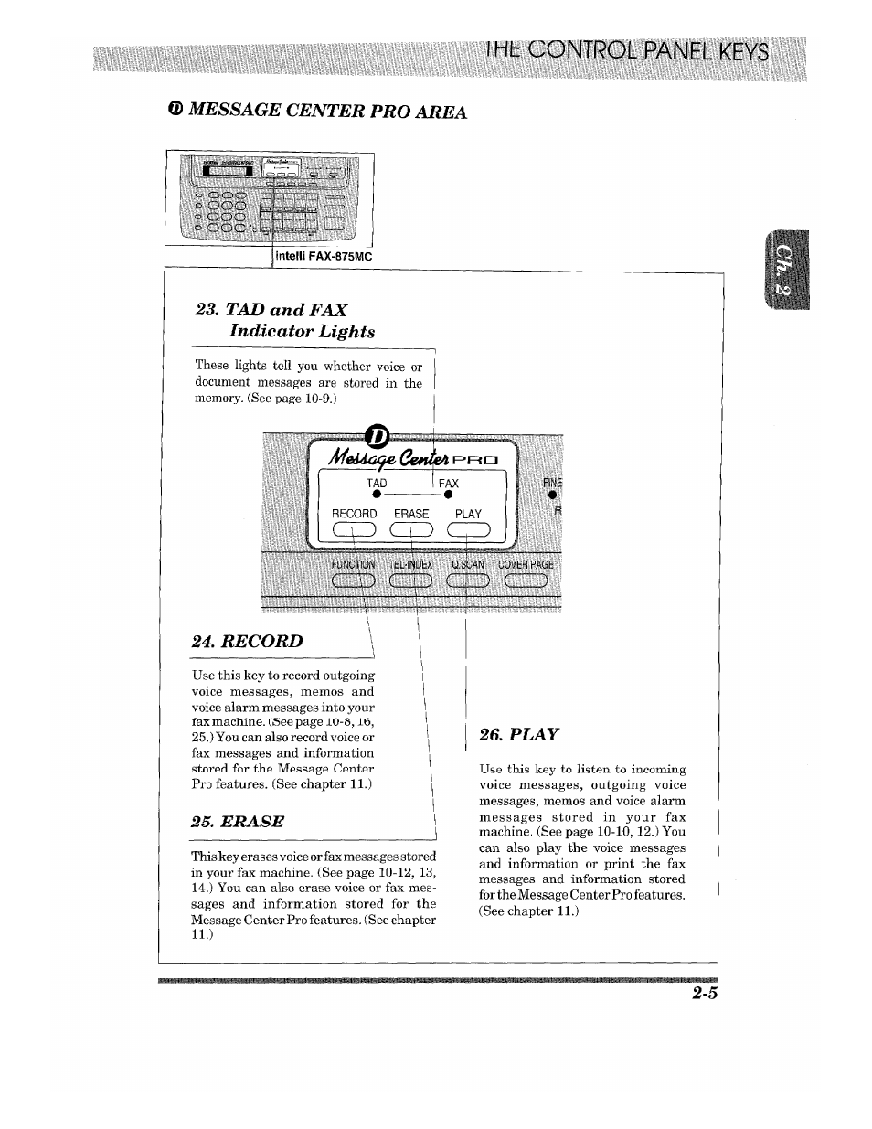 Message center pro area, Tad and fax indicator lights, Erase | Brother 875 MC User Manual | Page 25 / 166