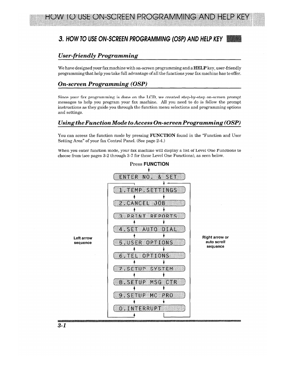 User-friendly programming, On-screen programming (osp), User-friendly programming -1 | Ill user-friendly programming, Function, 2 . c a n c, 6 . t e l, 8 . s e t i, 9 . s e t i | Brother 875 MC User Manual | Page 26 / 166