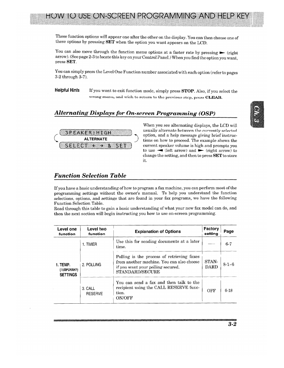 Function selection table, Function selection table -2 | Brother 875 MC User Manual | Page 27 / 166