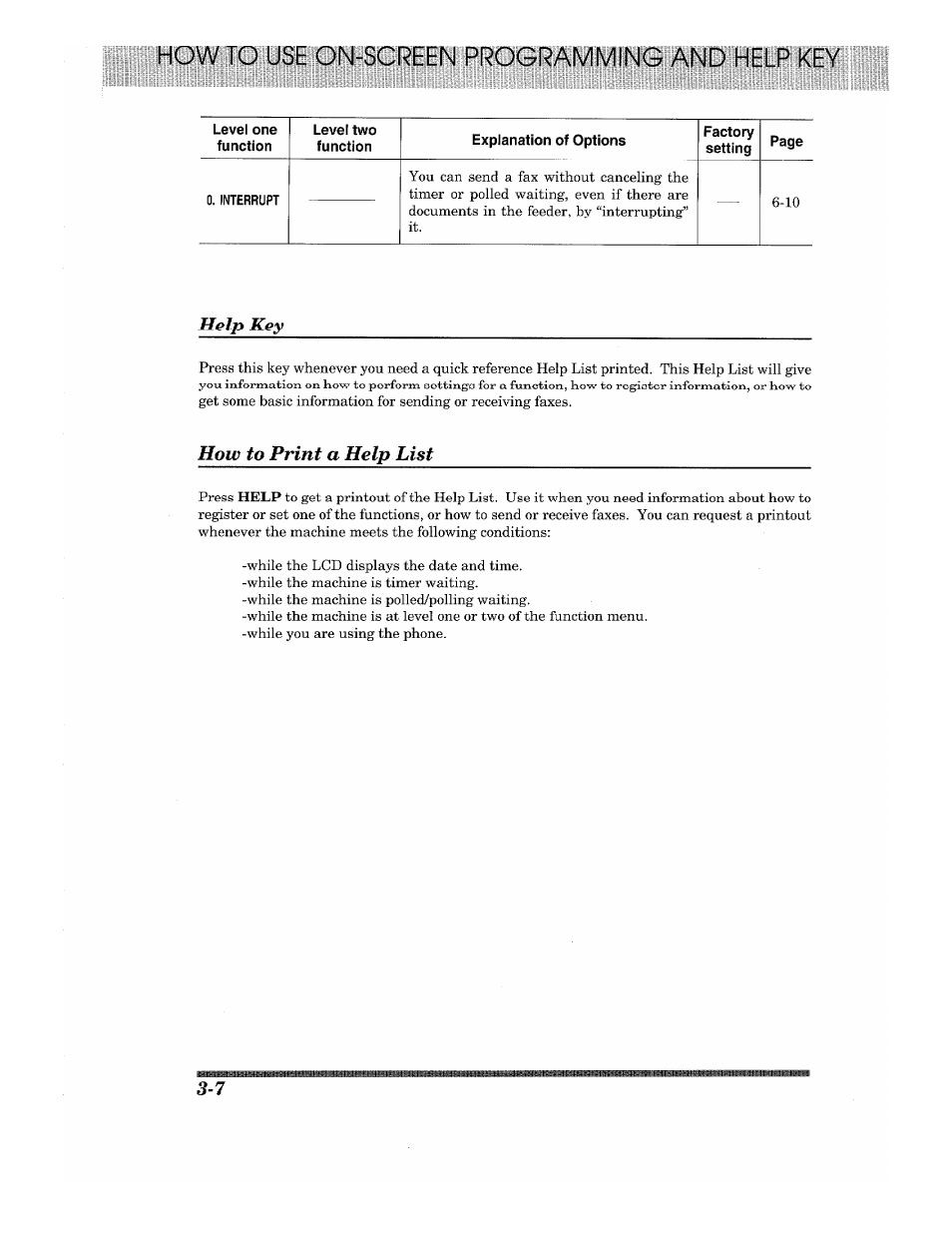 Help key, How to print a help list, Help key -7 how to print a help list -7 | Brother 875 MC User Manual | Page 32 / 166