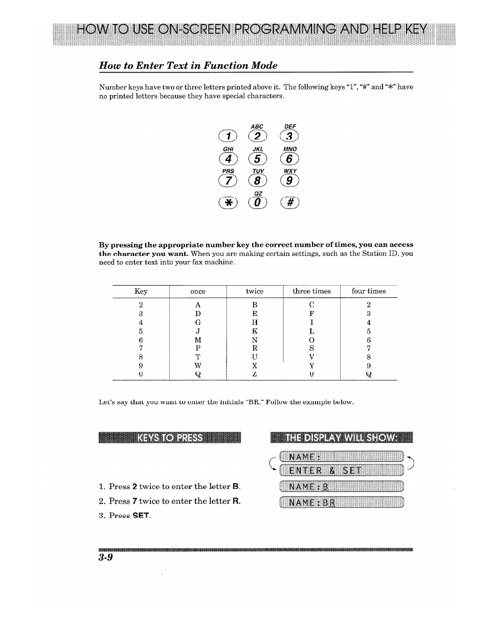How to enter text in function mode, Keys to pres, The display will show | How to enter text in function mode -9, 2a b, 4g h, 45 j, 56 m, S7 8, V8 9 w | Brother 875 MC User Manual | Page 34 / 166