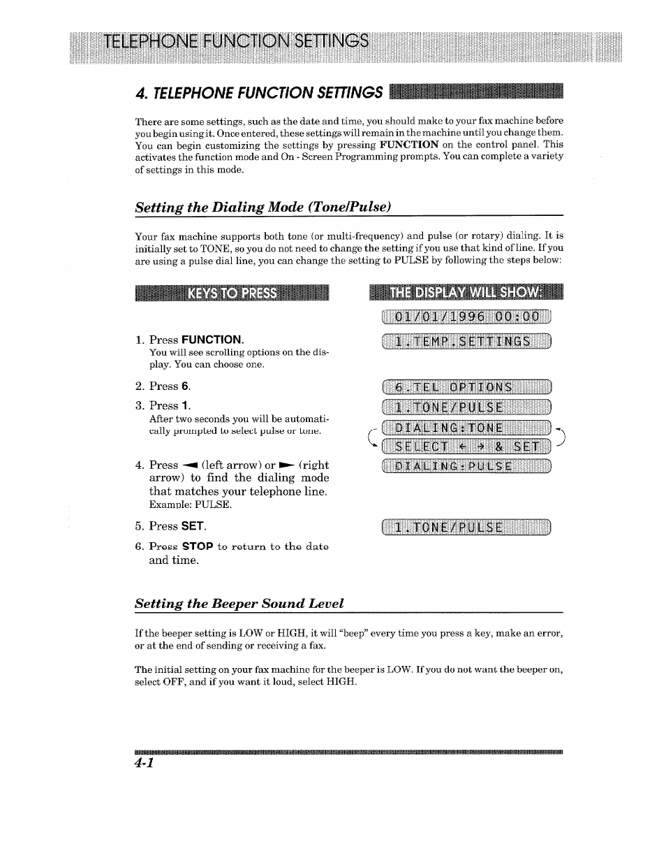 Telephone function sewngs, Setting the dialing mode (tonelpulse), Press function | The display will sho, Telephone function settings, Setting the dialing mode (tone/pulse) -1, Li lit, Function, Stop | Brother 875 MC User Manual | Page 36 / 166