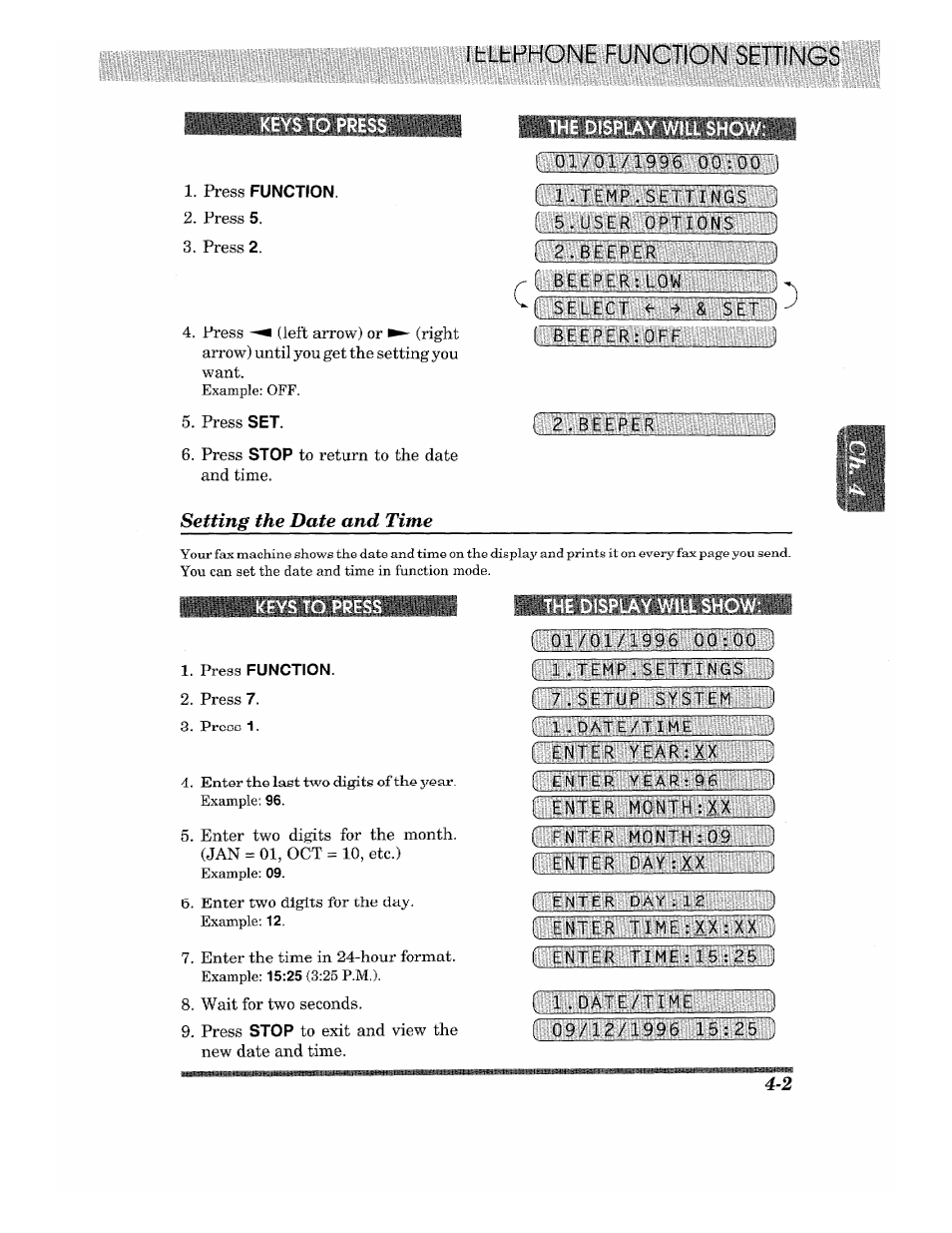 Press function, The display will show, Setting the date and time | Keys to press | Brother 875 MC User Manual | Page 37 / 166