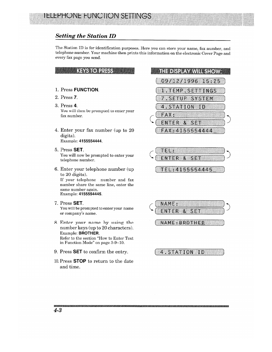 Setting the station id, He display will sho, Setting the station id -3 | Illi | Brother 875 MC User Manual | Page 38 / 166