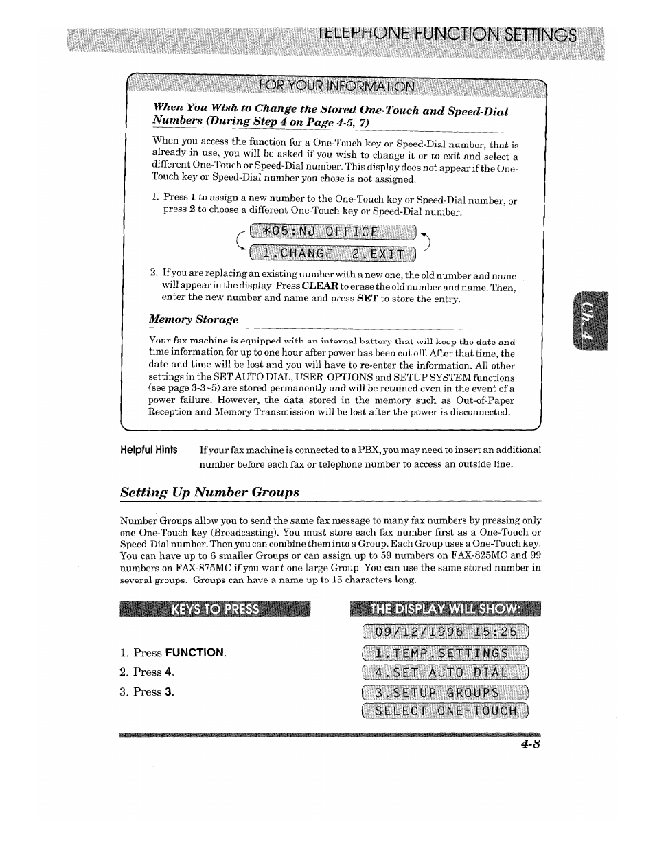 Setting up number groups, The display will show, Press function | Ri.temp.setti, Setting up number groups -8, Keys to press the display will show | Brother 875 MC User Manual | Page 43 / 166