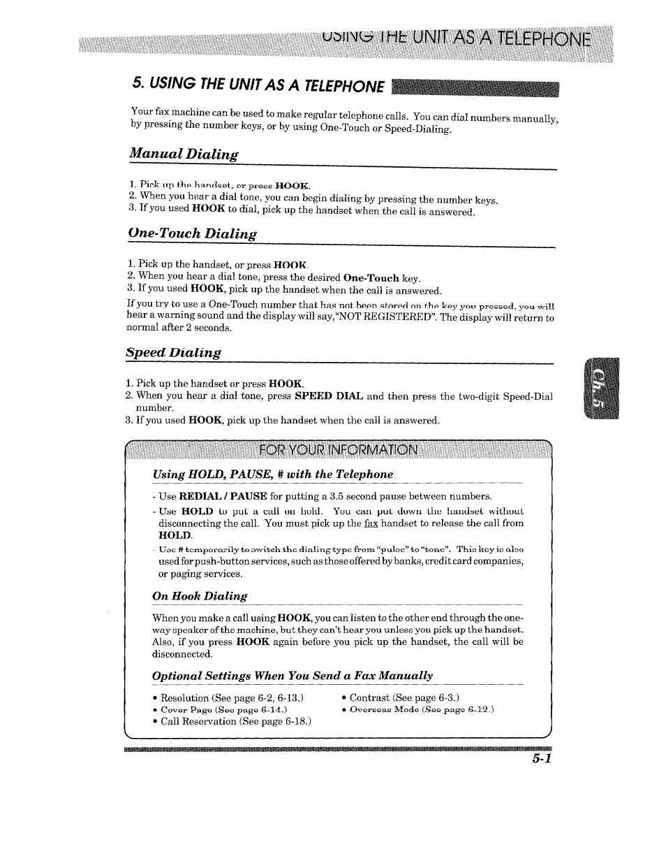 Using the unit as a telephone »mm, Manual dialing, One-touch dialing | Speed dialing, Using the unit as a telephone, One-touch dialing -1, Speed dialing -1, Unit as a telephone, Using hold, pause, With the telephone | Brother 875 MC User Manual | Page 45 / 166