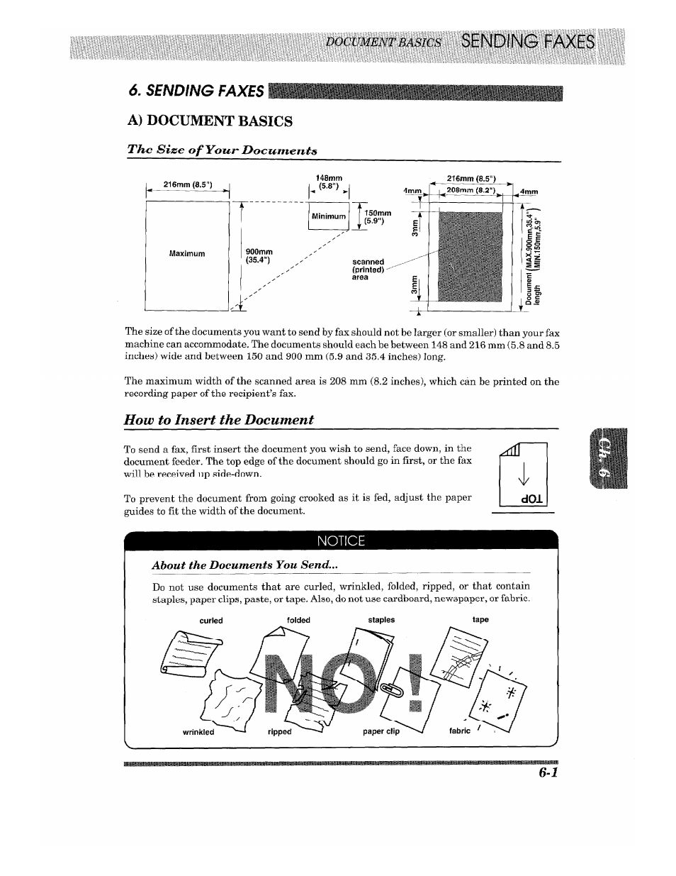 Sending faxes mwm, A) document basics, The size of your documents | How to insert the document, A) document basics the size of your documents | Brother 875 MC User Manual | Page 47 / 166