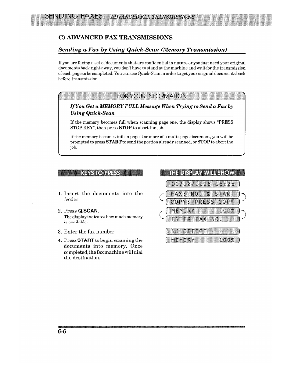 Keys to press, The display will show, C) advanced fax transmissions | Information | Brother 875 MC User Manual | Page 52 / 166