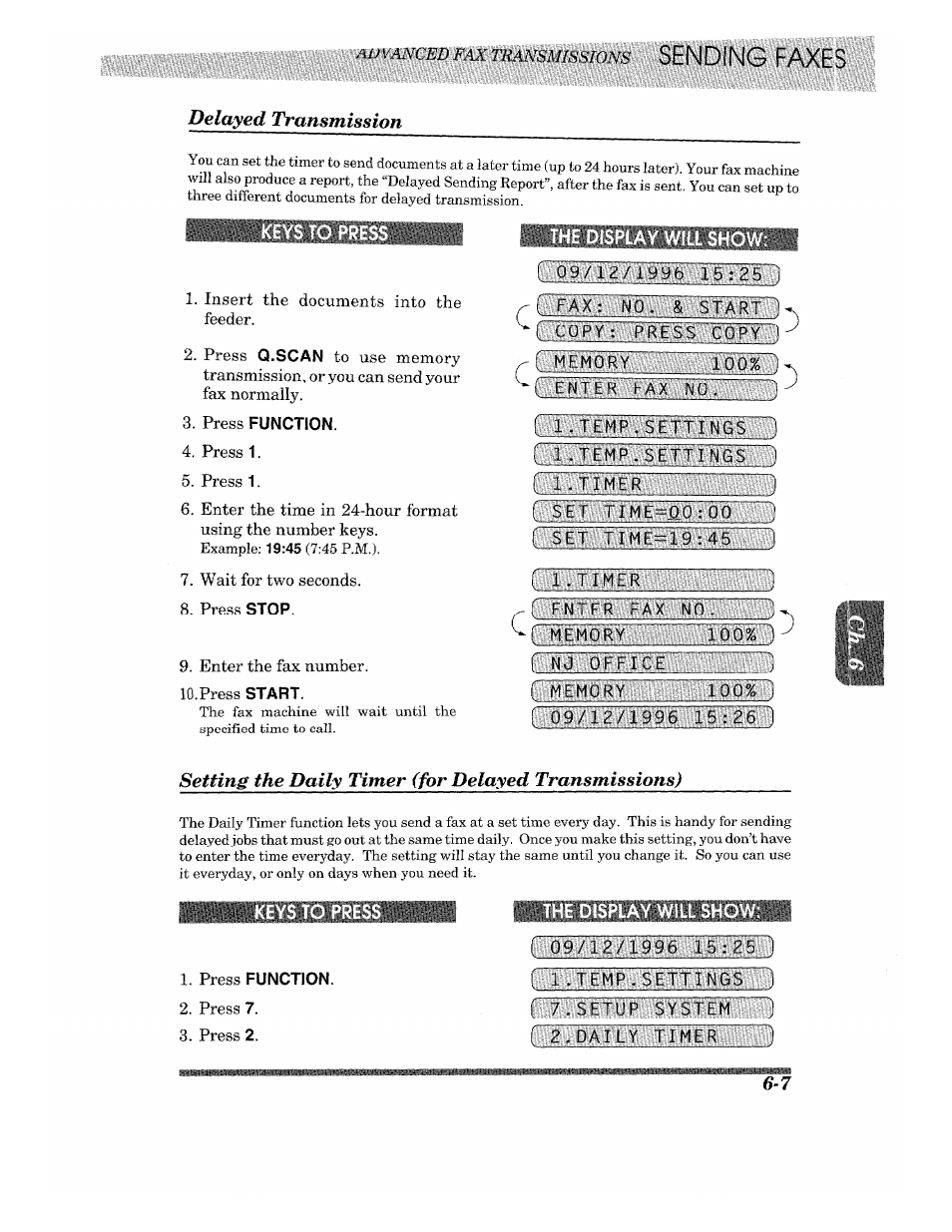 Delayed transmission, Press function, The display will show | Keys to press | Brother 875 MC User Manual | Page 53 / 166