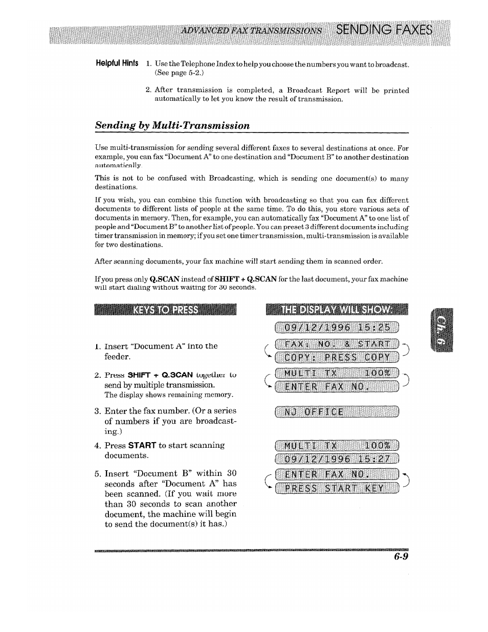 Sending by multi-transmission, Keys to press, The display will show | Brother 875 MC User Manual | Page 55 / 166