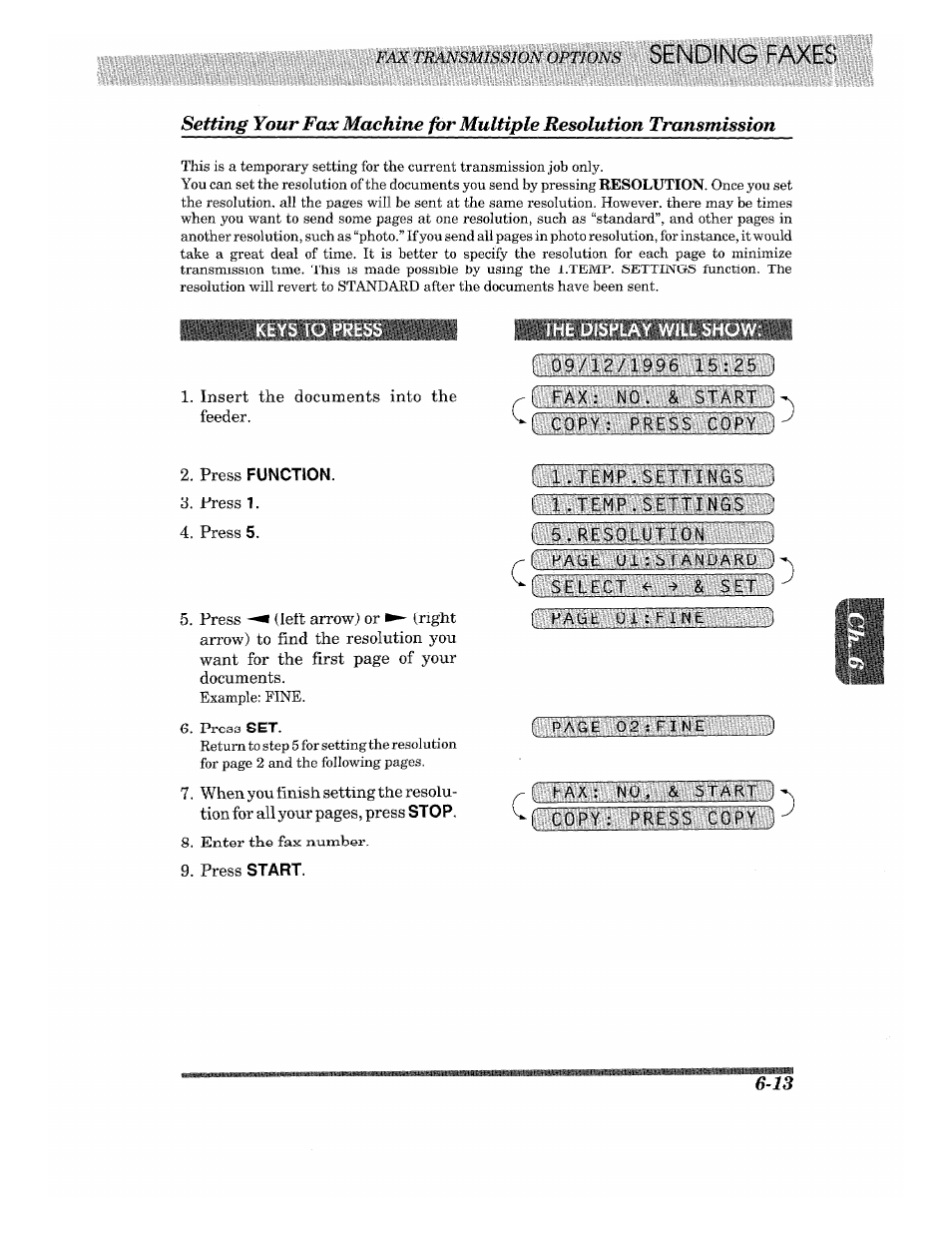 The display will show, Press function, Keys to press | Brother 875 MC User Manual | Page 59 / 166