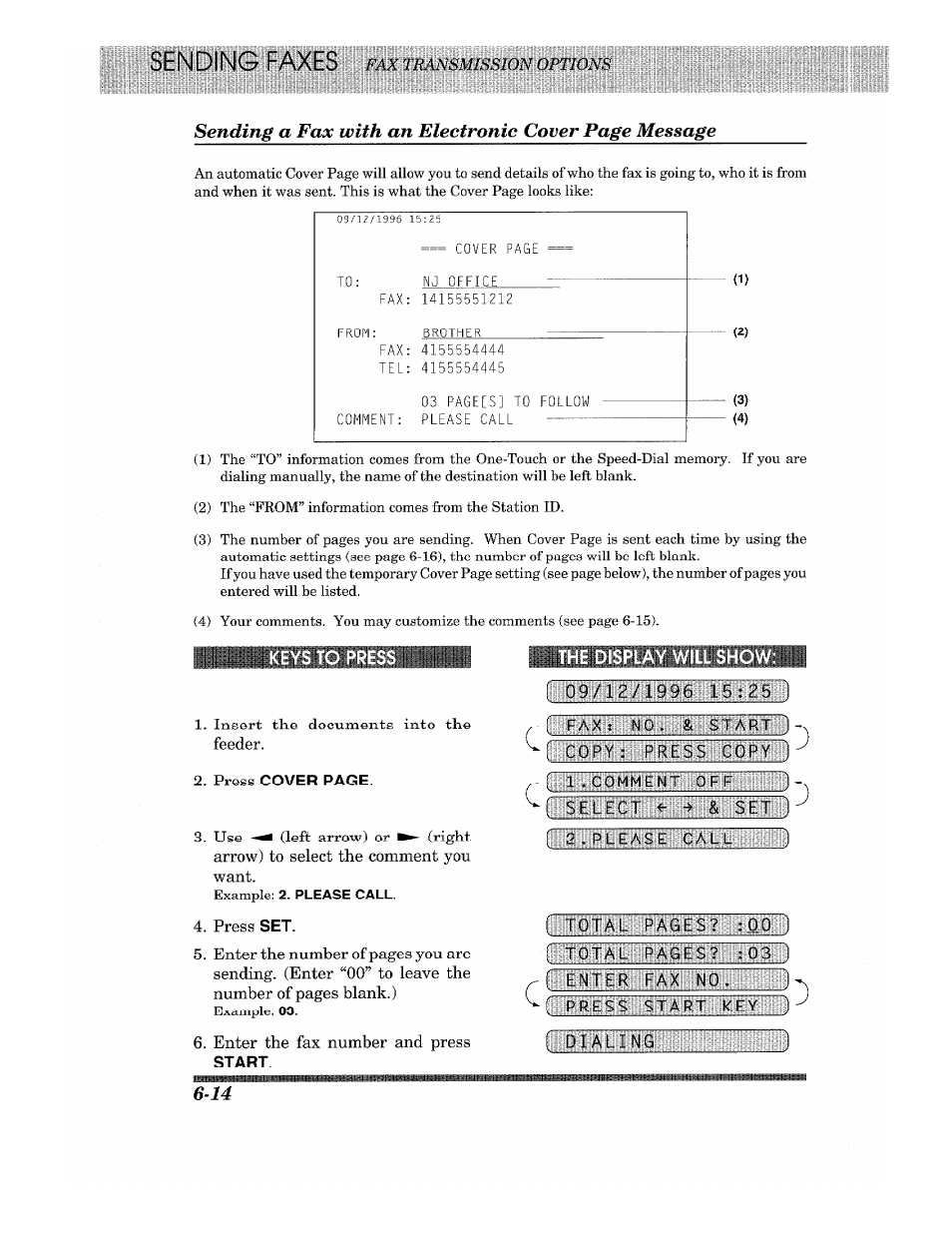 Start, The display will show | Brother 875 MC User Manual | Page 60 / 166