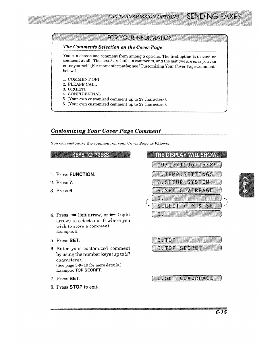 Press function, The display will show, Customizing your cover page comment | Keys to press | Brother 875 MC User Manual | Page 61 / 166