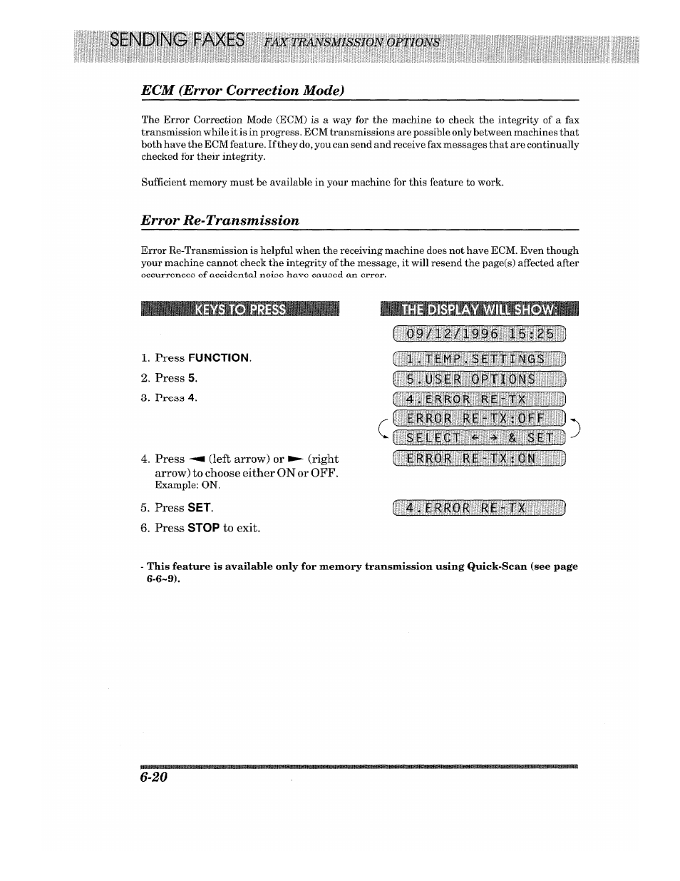 Ecm (error correction mode), Error re-transmission, Press function | The display will show, Ecm (error correction mode) -20, Error re-transmission -20, Iwilii iiilliiillliliiliiimi | Brother 875 MC User Manual | Page 66 / 166