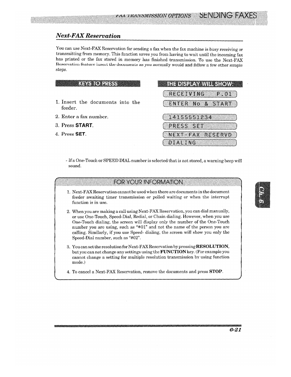 Next-fax reservation, The display will show, Next-fax reservation -21 | The display will show: l, Start | Brother 875 MC User Manual | Page 67 / 166