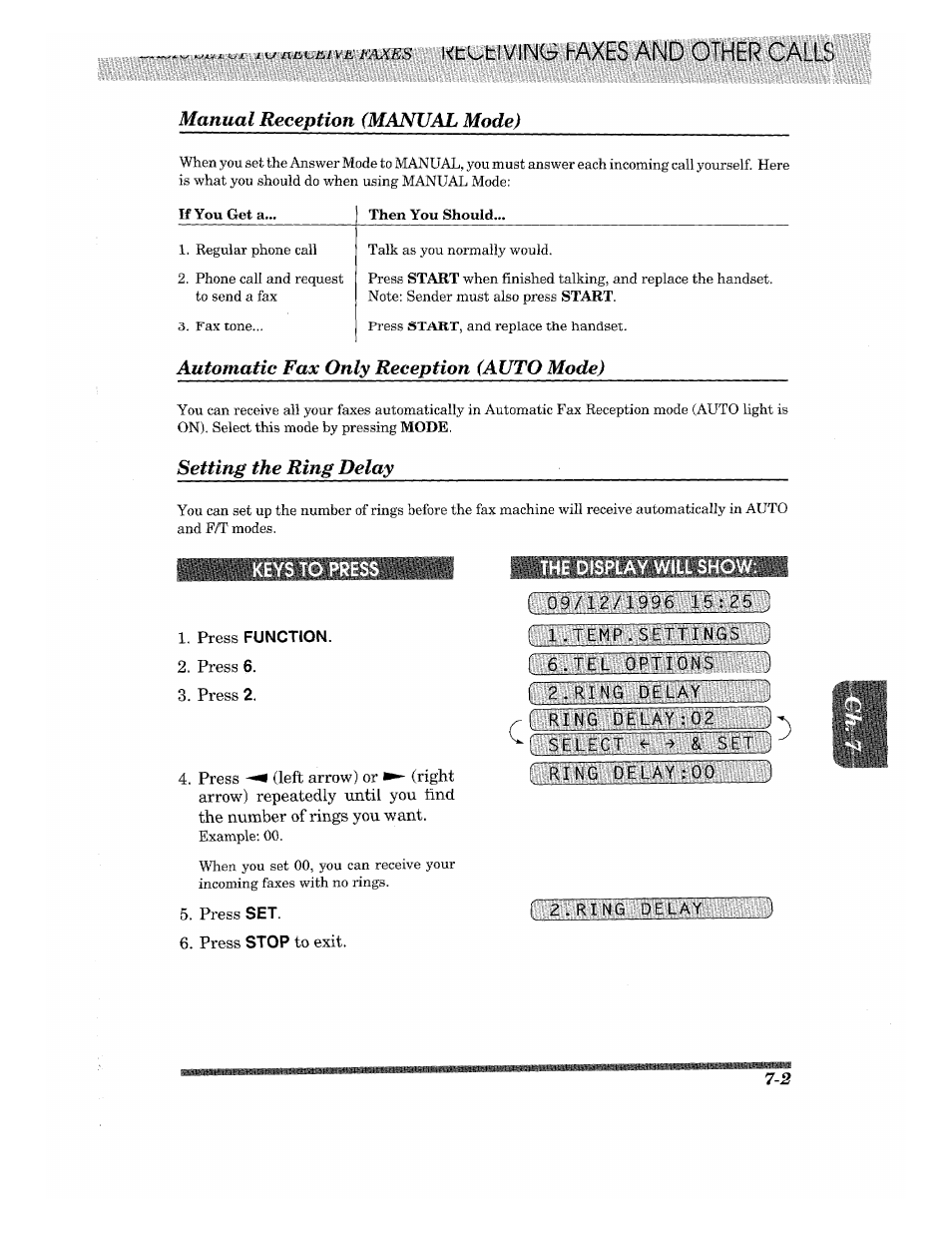 Manual reception (manual mode), Automatic fax only reception (auto mode), Setting the ring delay | Keys to press, Press function, The display will sho, Manual reception (manual mode) -2, Iiisi, Iliileiimiljiiliiilii | Brother 875 MC User Manual | Page 69 / 166