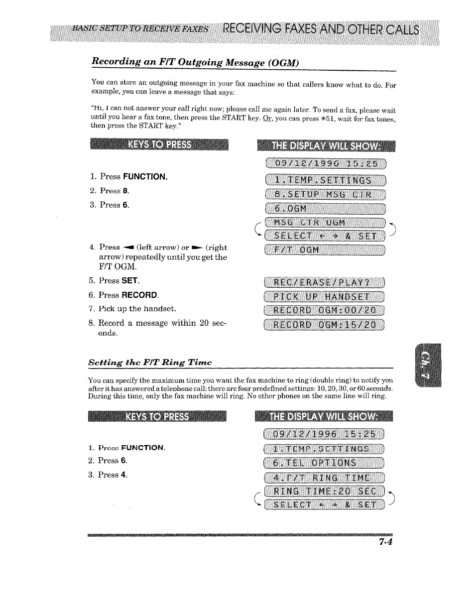 Recording an fit outgoing message (pgm), Press function, Setting the fit ring time | The display will show, Recording an f/t outgoing message (ogm) -4, Setting the f/t ring time -4 | Brother 875 MC User Manual | Page 71 / 166