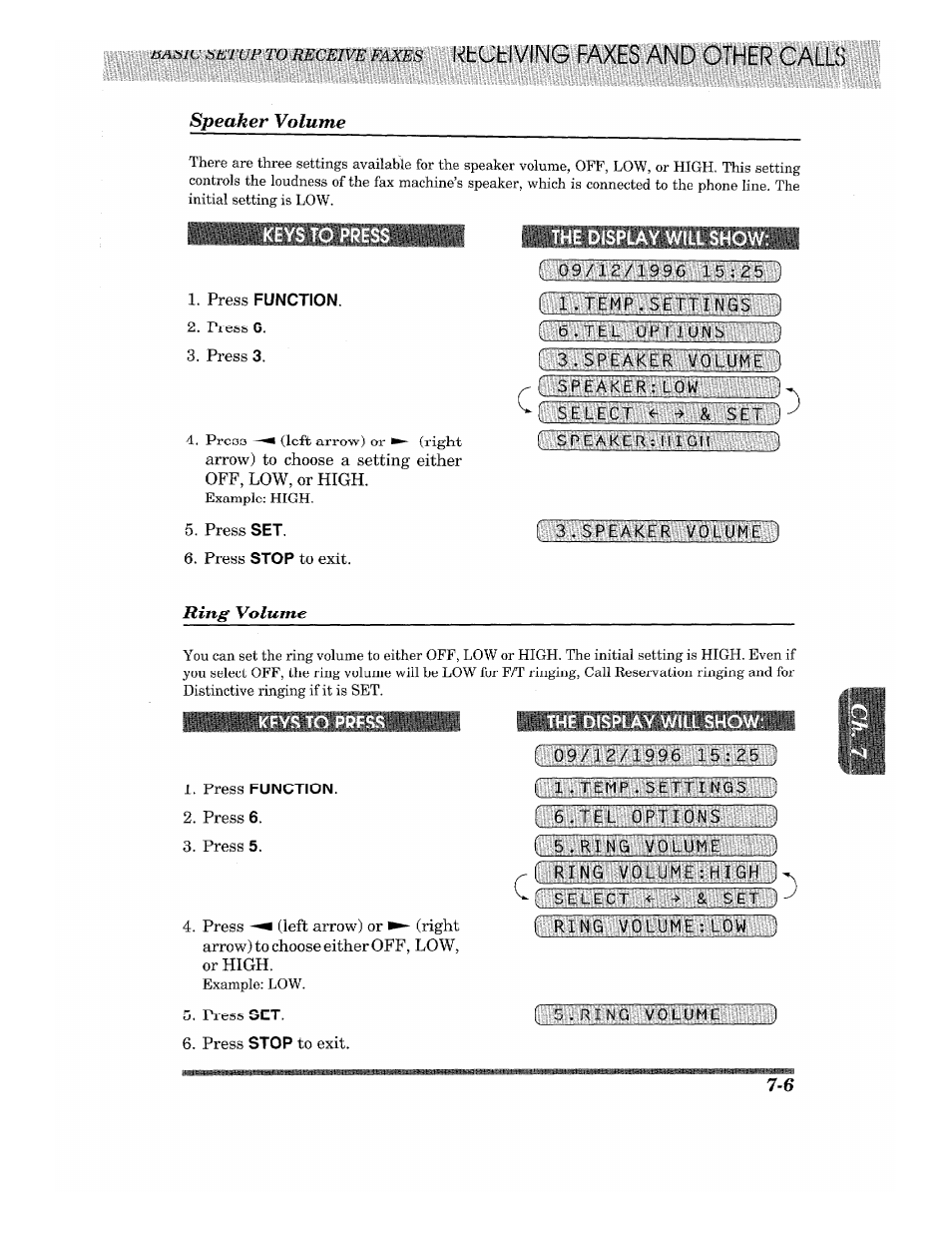 Speaker volume, The display will show, Ring volume | Keys to press, Speaker volume -6, Ring volume -6, Iliilitiilibilibisibiib, R 09, Keys to pres | Brother 875 MC User Manual | Page 73 / 166
