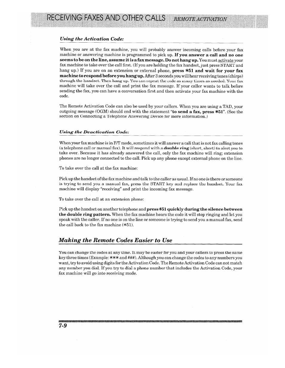 Making the remote codes easier to use, Making the remote codes easier to use -9, Using the activation code | Brother 875 MC User Manual | Page 76 / 166