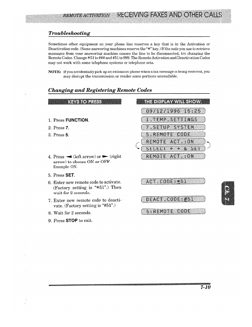 Troubleshooting, Changing and registering remote codes, Keys to press | Press function, The display will show, Changing and registering remote codes -10 | Brother 875 MC User Manual | Page 77 / 166