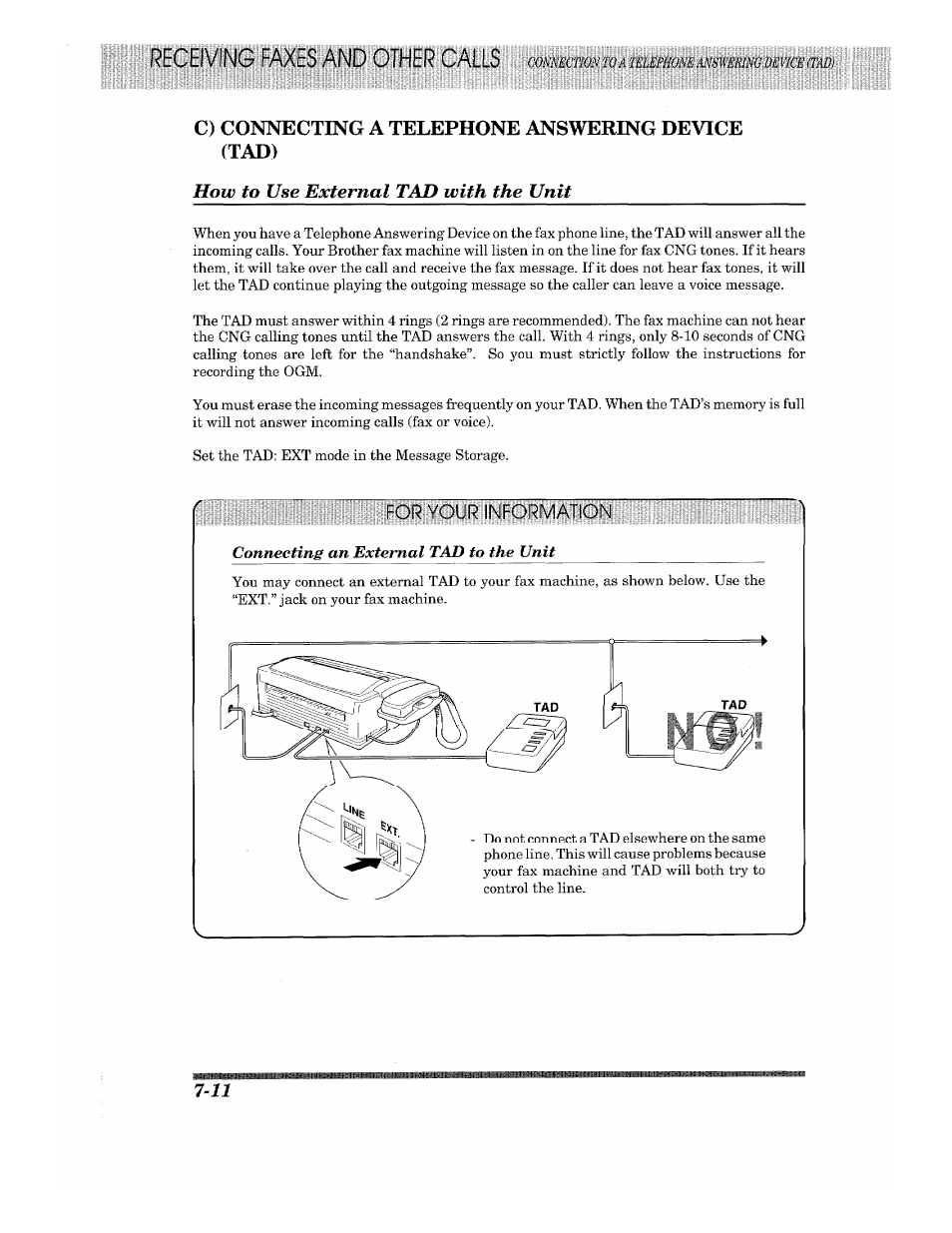 C) connecting a telephone answering device (tad), How to use external tad with the unit, How to use external tad with the unit -11 | Ilia, Connecting an external tad to the unit | Brother 875 MC User Manual | Page 78 / 166