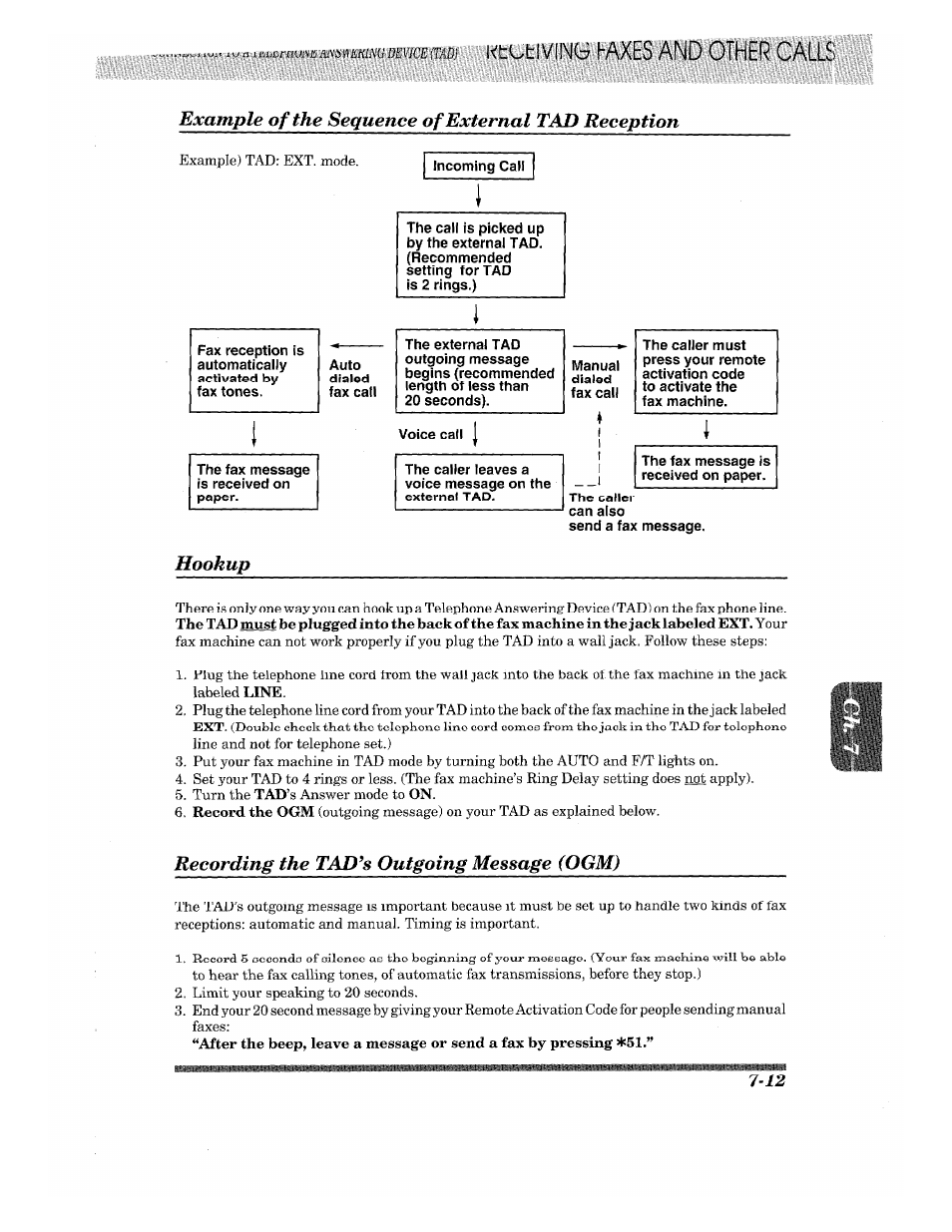 Example of the sequence of external tad reception, Hookup, Recording the tad^s outgoing message (pgm) | Recording the tad’s outgoing message (ogm) -12 | Brother 875 MC User Manual | Page 79 / 166