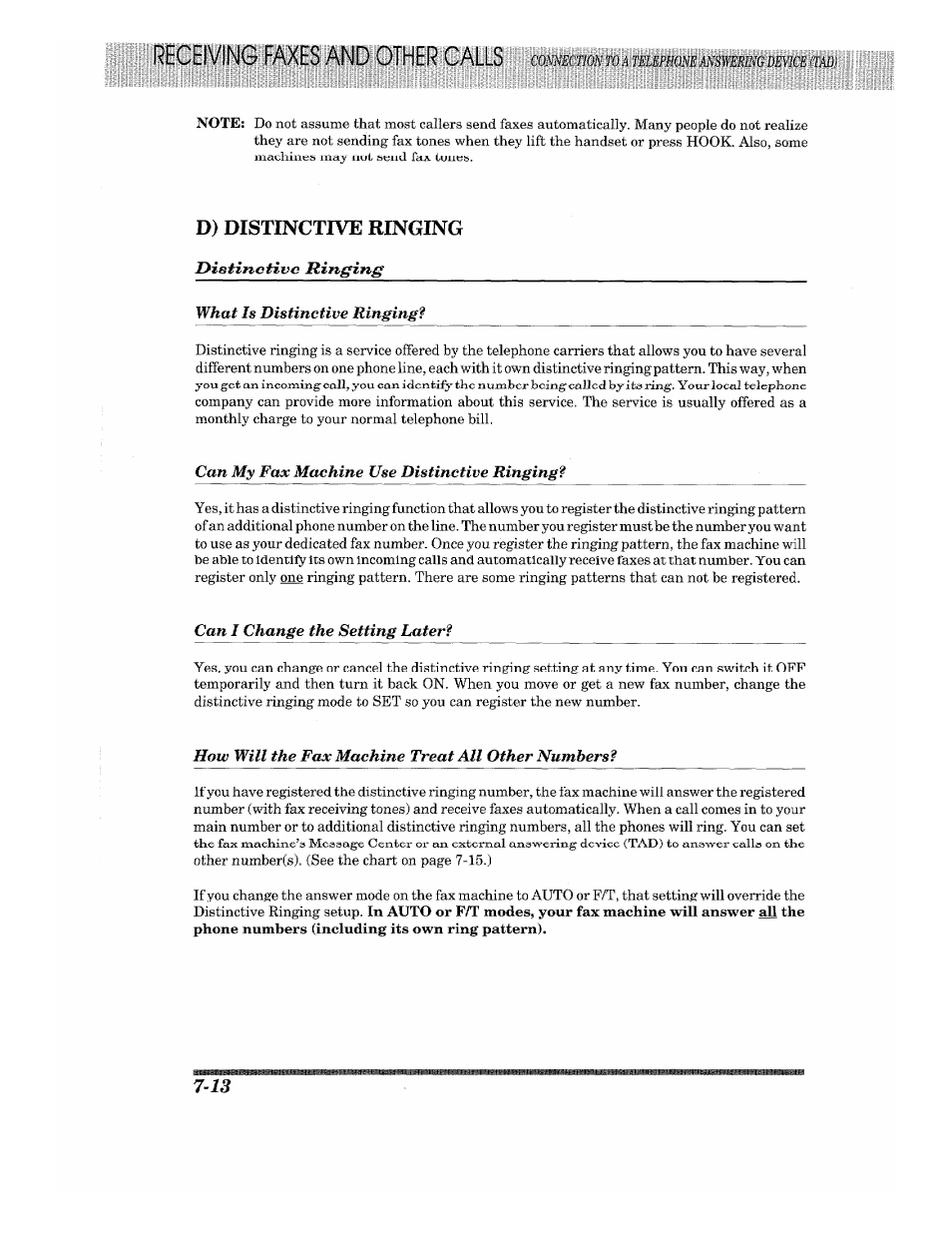 D) distinctive ringing, D) distinctive ringing -13, D) distinctive ringing distinctive ringing | What is distinctive ringing, Can my fax machine use distinctive ringing, Can i change the setting later, How will the feux machine treat all other numbers | Brother 875 MC User Manual | Page 80 / 166