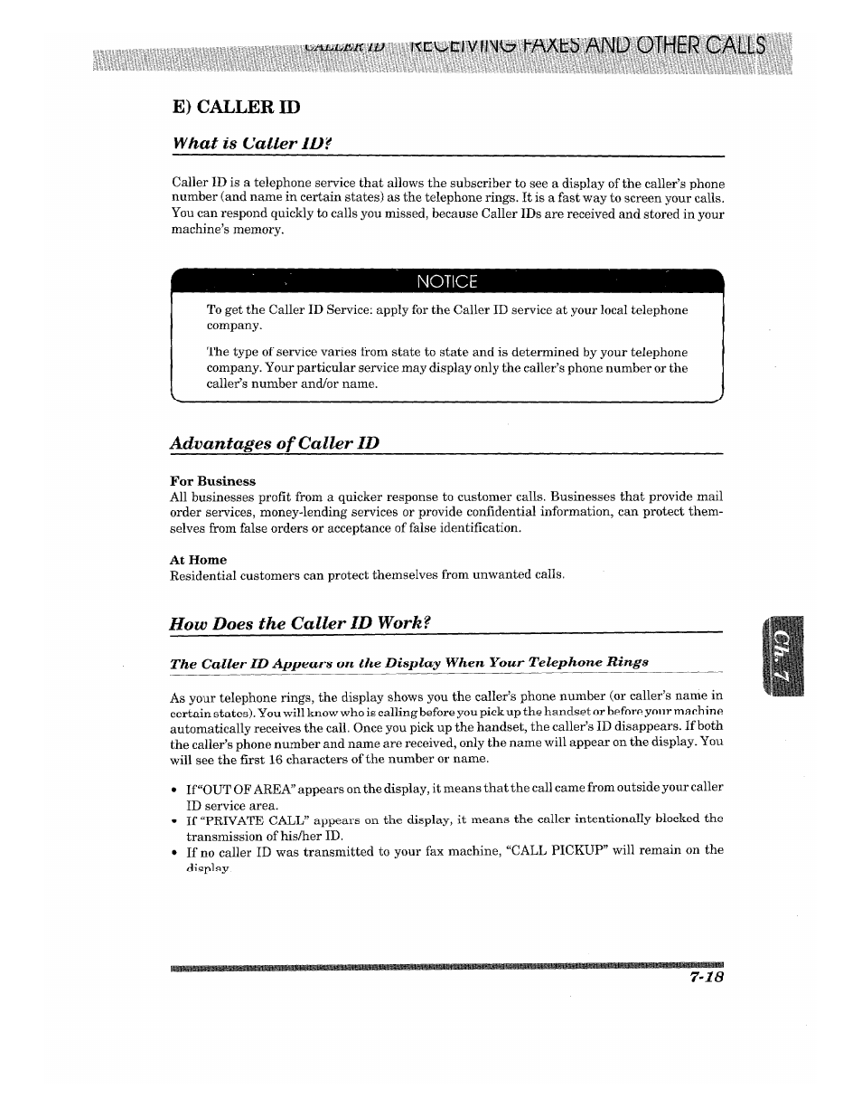 E) caller id, What is caller id, Advantages of caller id | How does the caller id worki, Caller id -18, What is caller id? -18, Advantages of caller id -18, How does the caller id work? -18, E) caller id what is caller id, Notice | Brother 875 MC User Manual | Page 85 / 166