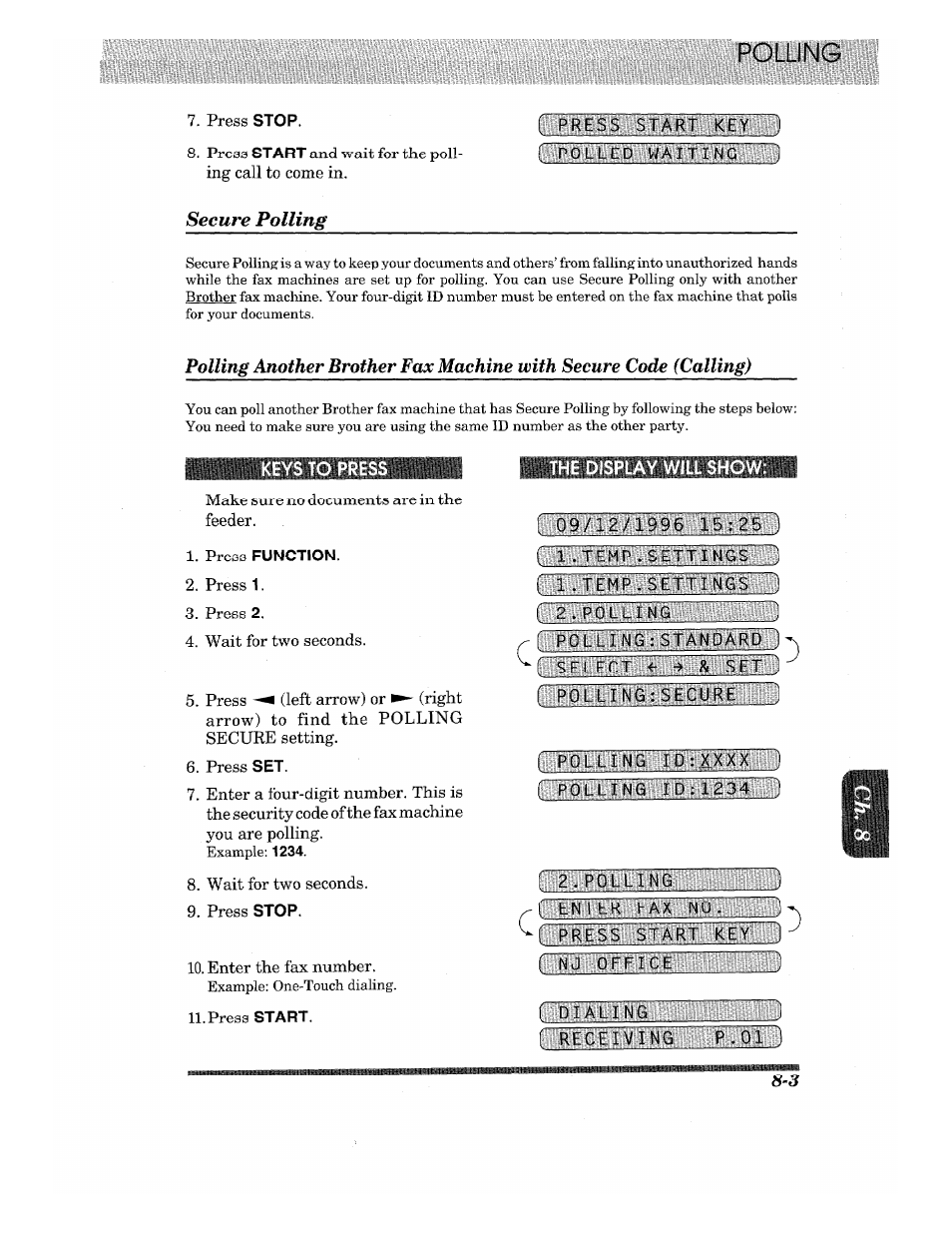 Secure polling, The display will show, Secure polling -3 | Bliglliliiiaiilbliiim, I poli. cd warri ns 371 secure polling, With secure code (calling), The display will show: ( 0 9 a a/l 9 ns, Polling another brother fax machine, Temp.settings, Polu'ngrsegure | Brother 875 MC User Manual | Page 91 / 166