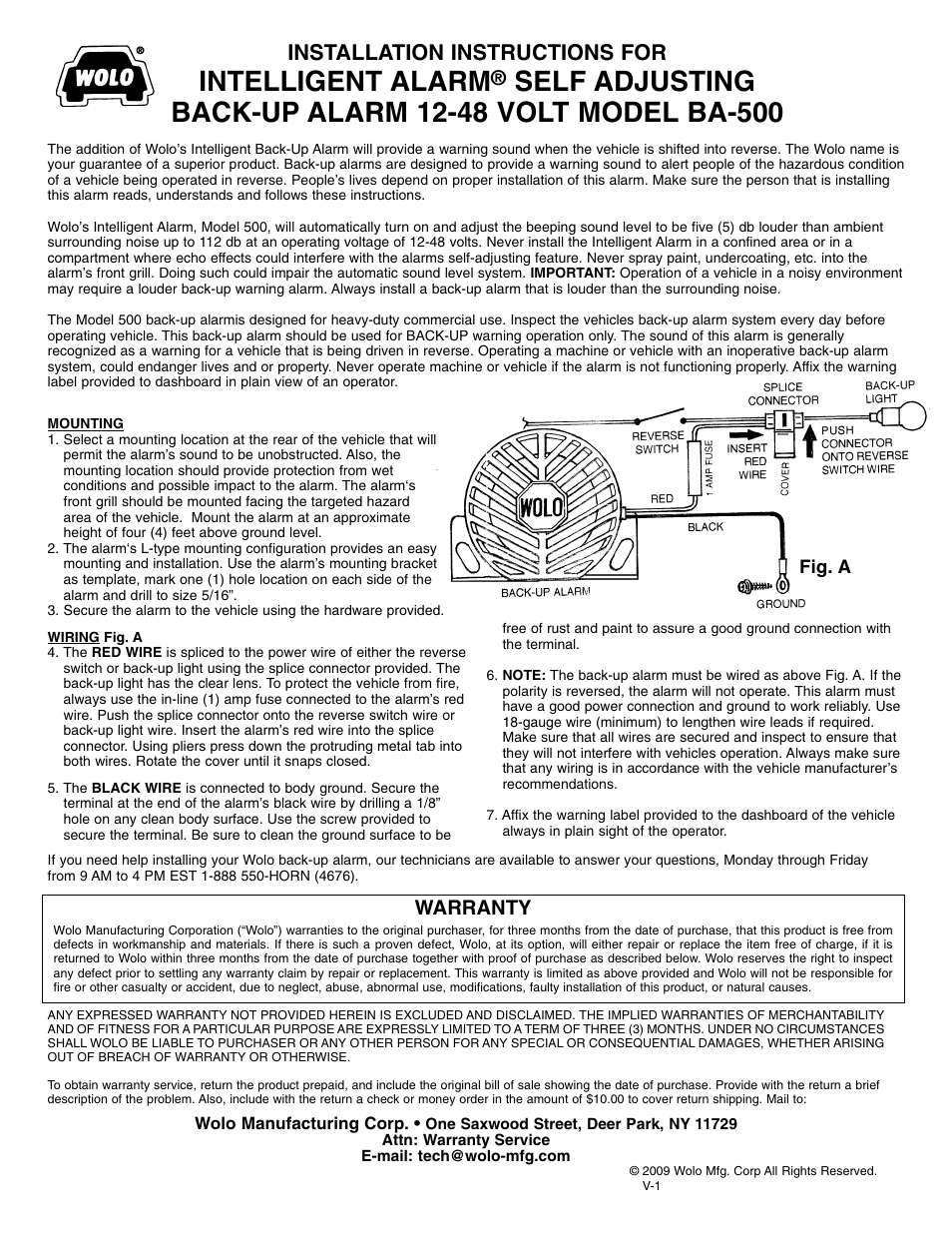 Wolo BA-500 Intelligent Alarm User Manual | 1 page