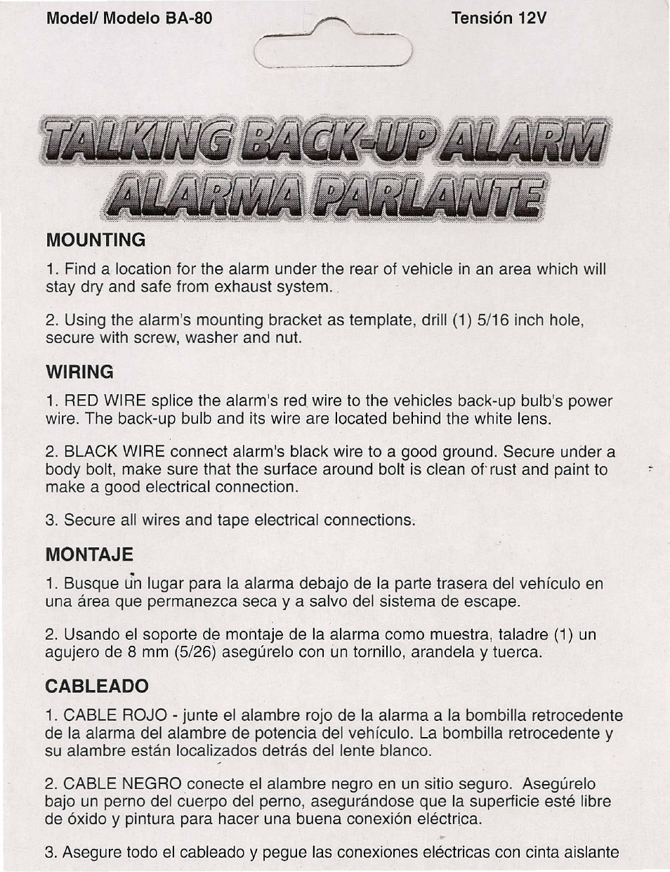 Wolo BA-80 Talking Back-Up Alarm User Manual | 1 page