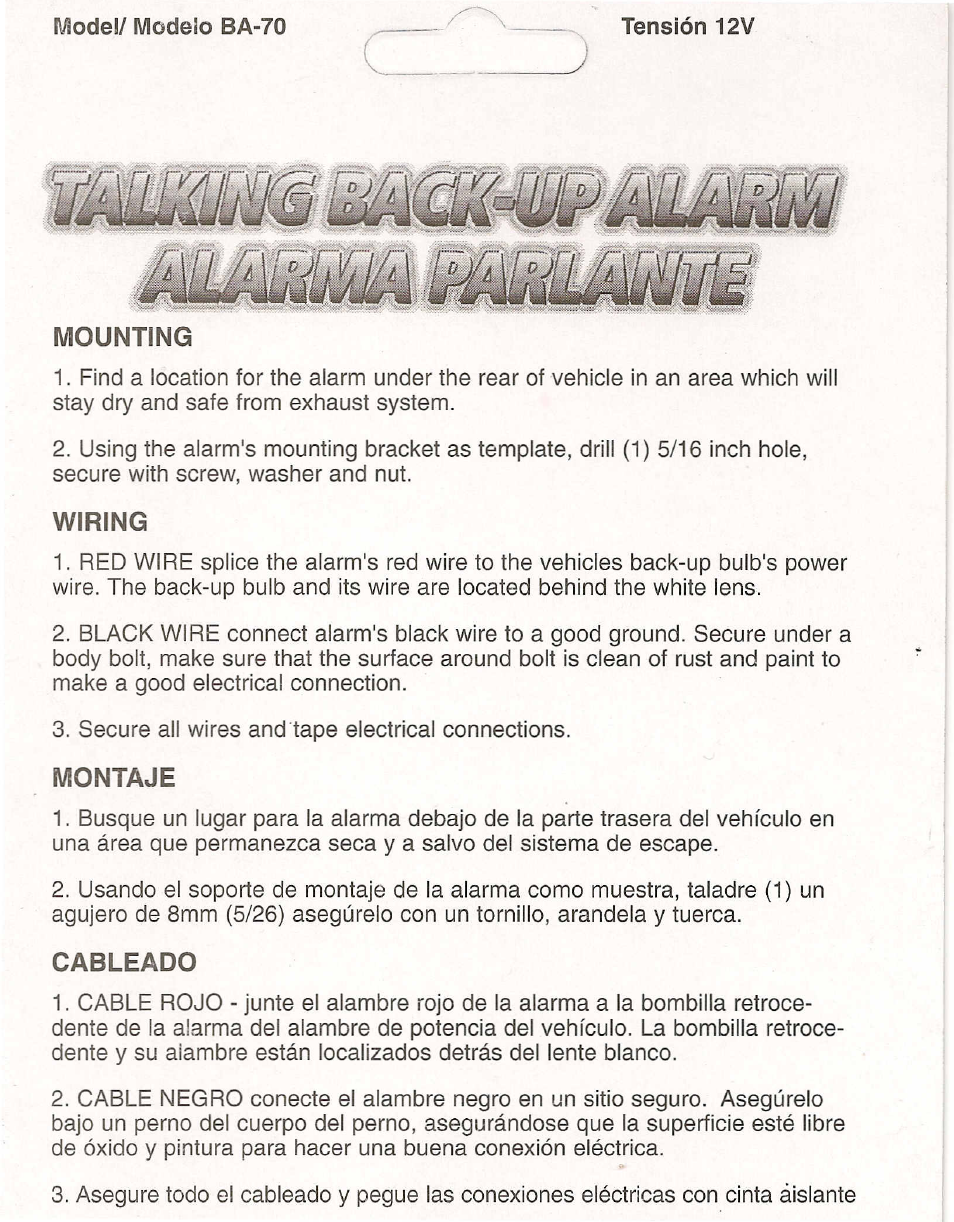 Wolo BA-70 Talking Back-Up Alarm User Manual | 1 page