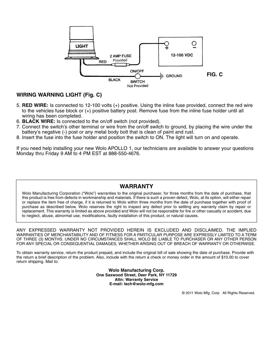 Warranty | Wolo 3077P-G Apollo 1 User Manual | Page 2 / 2