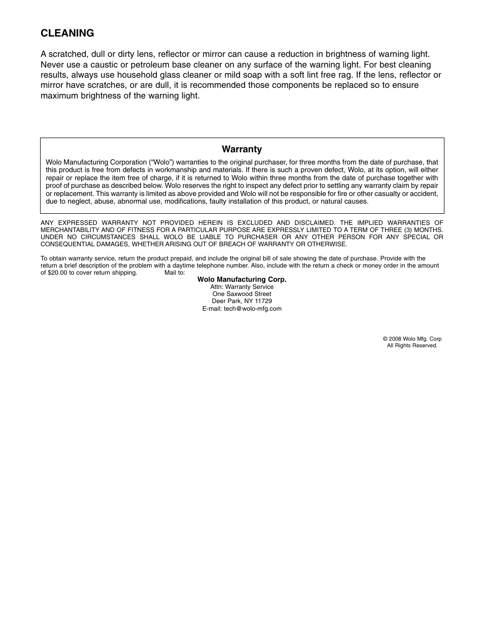 Cleaning, Warranty | Wolo 7500 SERIES Infinity 2 User Manual | Page 6 / 6