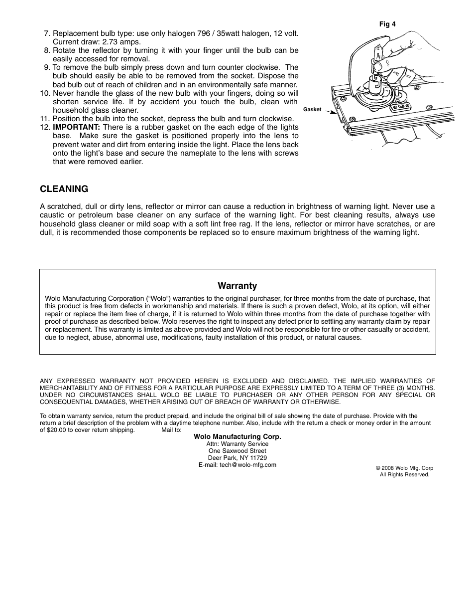 Cleaning, Warranty | Wolo 3550 SERIES Wolo-Aurora User Manual | Page 2 / 2