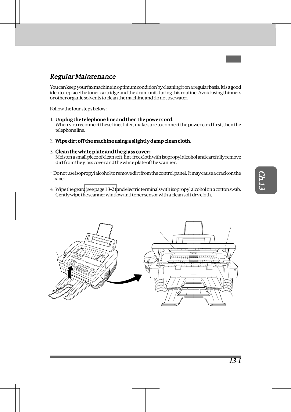 Regular maintenance and troubleshooting 13-1, Regular maintenance -1, Regular maintenance and troubleshooting | Brother INTELLIFAX 3550 User Manual | Page 115 / 138