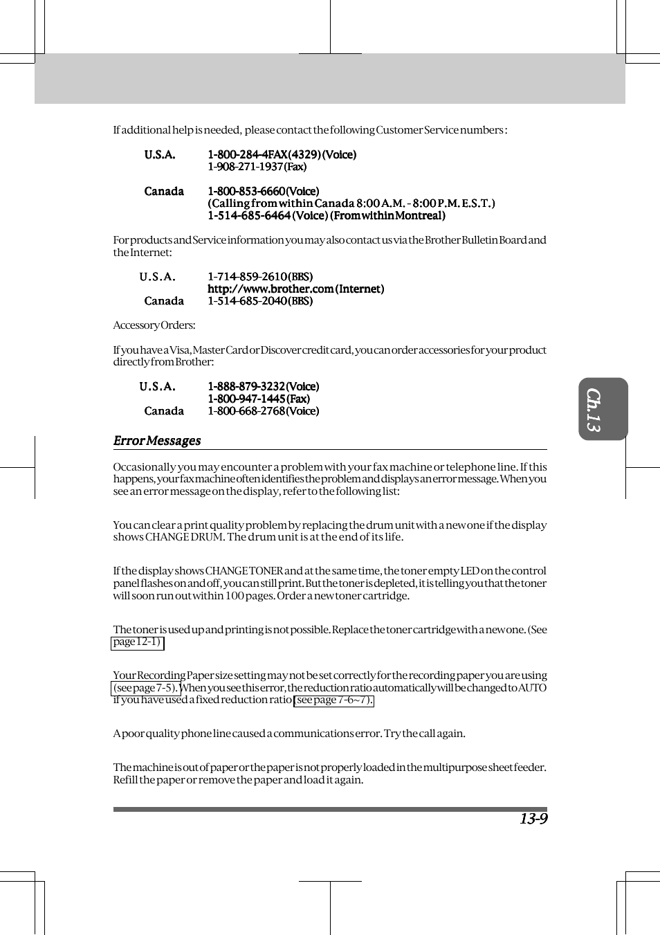 Error messages -9, Regular maintenance and troubleshooting | Brother INTELLIFAX 3550 User Manual | Page 123 / 138