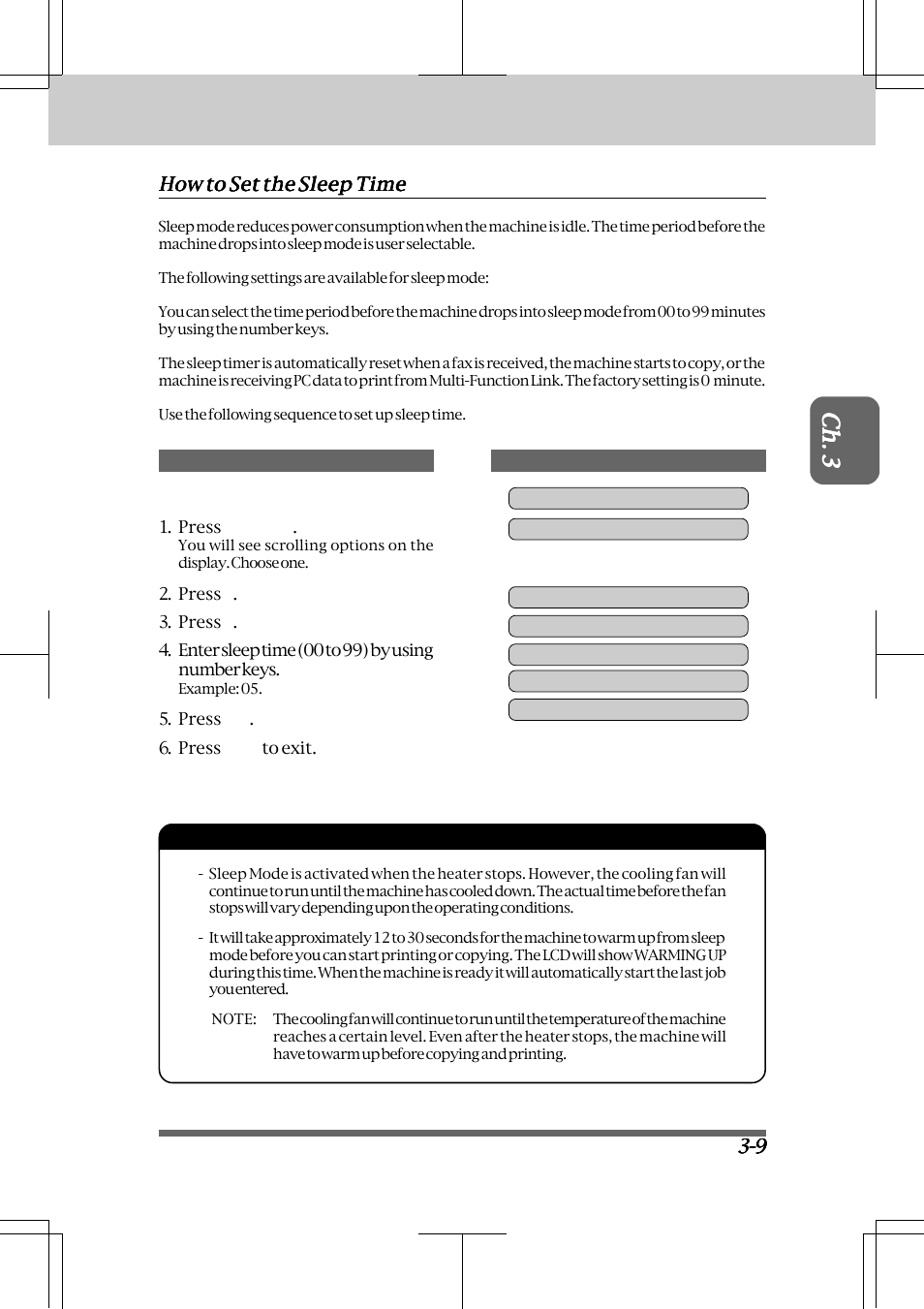 How to set the sleep time -9 | Brother INTELLIFAX 3550 User Manual | Page 33 / 138