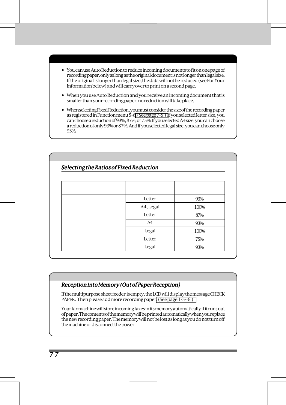 Selecting the ratios of fixed reduction -7, Reception into memory (out of paper reception) -7, Receiving faxes and other calls | Brother INTELLIFAX 3550 User Manual | Page 72 / 138