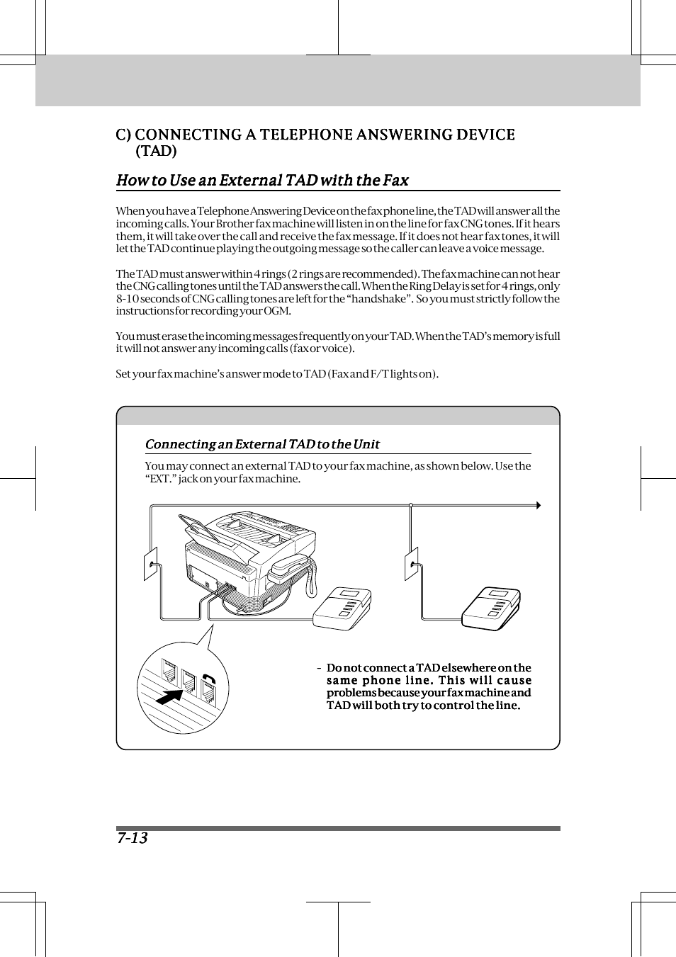 How to use an external tad with the fax -13, Connecting an external tad to the unit -13, Receiving faxes and other calls | Brother INTELLIFAX 3550 User Manual | Page 78 / 138